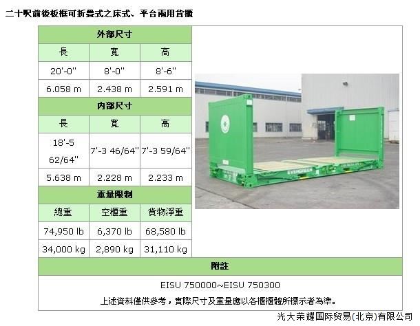 照片名稱：20'FR(Flat Rack板框式折疊平板)  備注：大型機械、游艇、鍋爐等
